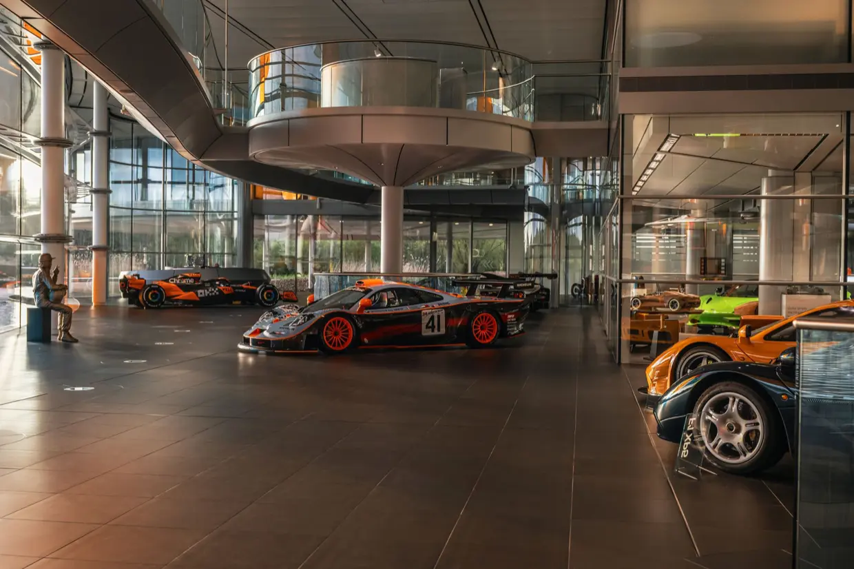 McLaren race and road cars on display at the McLaren Technology Centre
