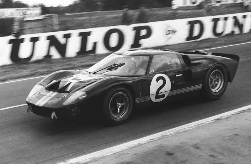 Black-and-white photo of the number 2 Ford GT40 at Le Mans, 1966